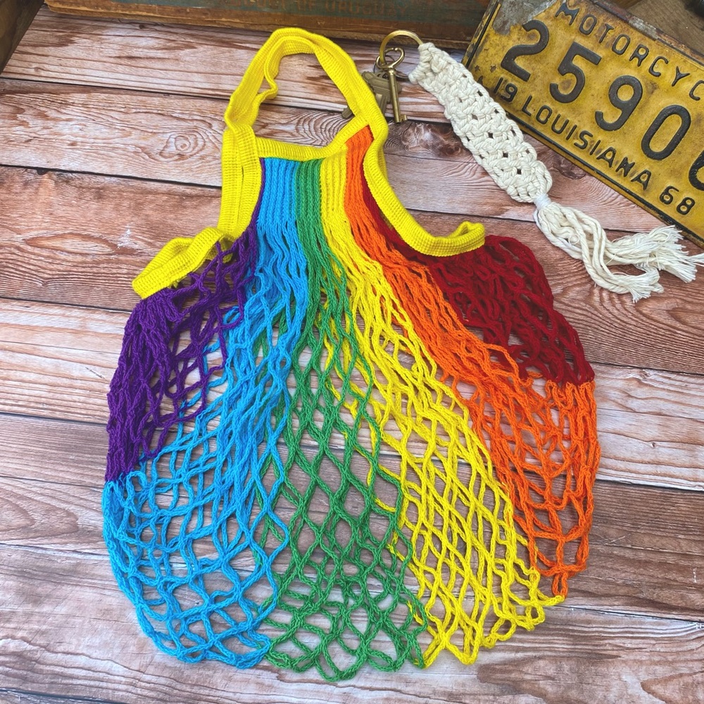 🆕🆕✨RAINBOW ORGANIC COTTON STRING NET REUSABLE FRENCH MARKET BAG -SHORT HANDLE